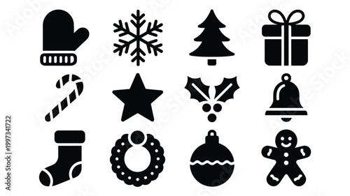 Black vector christmas icons set including hat snowflake tree gift candy cane star holly bell stocking wreath ornament gingerbread man on white background for holiday decoration