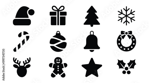 Christmas icons set including santa hat tree gift snowflake candy cane ornament bell reindeer gingerbread man star and holly on white background for holiday and festive designs