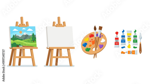 vector Art supplies feature two easels, a landscape, a blank canvas, a palette, brushes, and colorful paint tubes.
