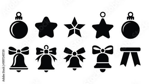 Christmas icons set including ornaments stars bells and ribbons in black silhouette on white background for holiday decoration