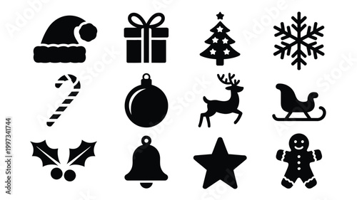 Christmas icons set including santa hat gift tree snowflake candy cane ornament reindeer sleigh holly bell star and gingerbread man on white background