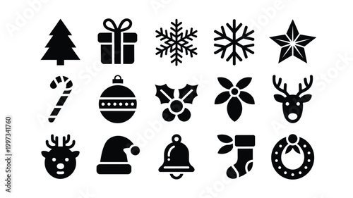 Black vector christmas icons set including tree gifts snowflakes reindeer and ornaments on white background