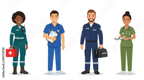 vector A diverse group of healthcare workers including two nurses, a doctor, and a paramedic are shown.
