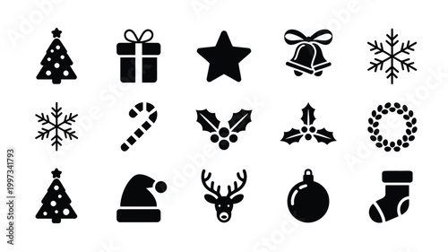 Collection of minimalist christmas icons including trees gifts stars bells snowflakes candy canes hats reindeer ornaments and stockings on white background