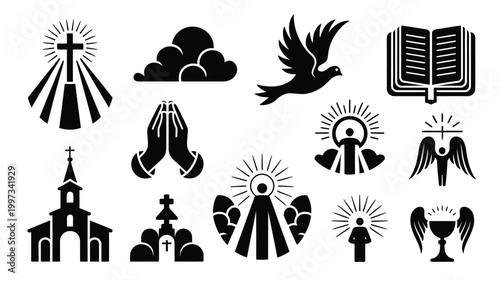 Christianity symbols and icons set including cross church praying hands dove holy book and angels on white background