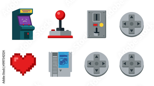 vector Iconic retro video game elements like an arcade machine, joystick, controller, and pixel heart are displayed.