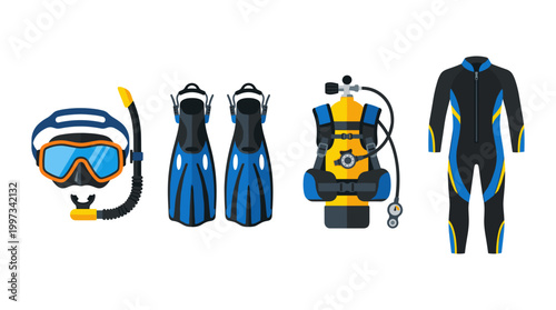 vector Essential scuba diving equipment such as a mask, snorkel, fins, tank, and wetsuit is presented.