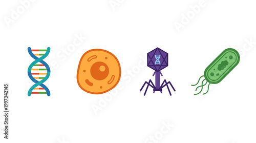 vector Fundamental biology and microbiology elements like DNA, a cell, a virus, and a bacterium are depicted.