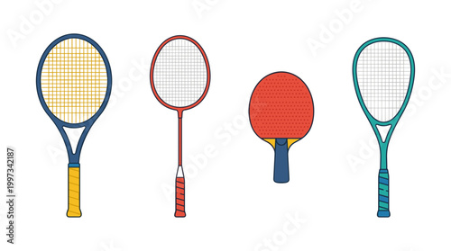 vector A diverse set of racket sports equipment features tennis, badminton, table tennis, and squash rackets.