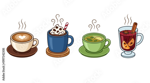 vector A detailed illustration presents various steaming hot beverages, including coffee, hot chocolate, tea, and mulled wine.