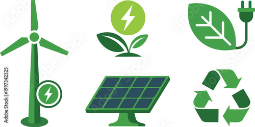 Sustainable environment concept illustration with flat green icons of clean energy sources recycling logo solar cell and nature conservation elements.