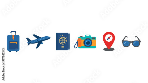 vector A set of six essential travel icons, including a suitcase, airplane, passport, camera, location pin, and sunglasses, are displayed.