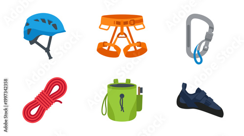 vector A collection of six essential rock climbing gear items, including a helmet, harness, carabiner, rope, chalk bag, and shoe, are laid out.