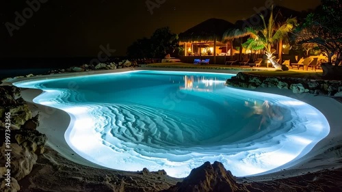 Illuminated lagoon-style pool at night, beachside with thatched-roof structure