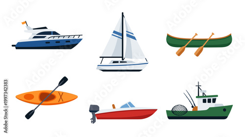 vector A diverse collection of six different boat types, including a yacht, sailboat, canoe, kayak, speed boat, and fishing boat, are featured.