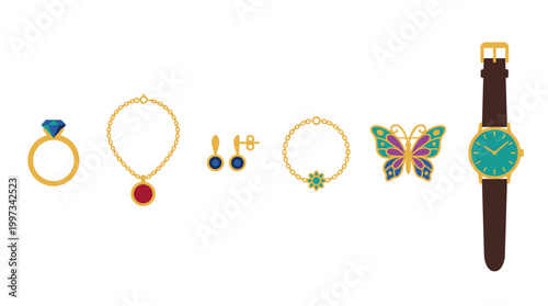 vector A charming collection of various stylish jewelry pieces featuring rings, necklaces, and a watch.