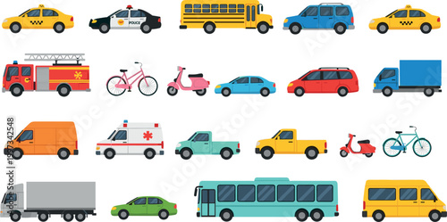 Collection of Vehicle Icons Including Taxis, Emergency Vehicles, Buses, and Bikes for Transportation, Travel, and Urban Design Projects