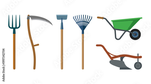 vector A useful collection of farming and gardening tools is arranged for agricultural and horticultural tasks.
