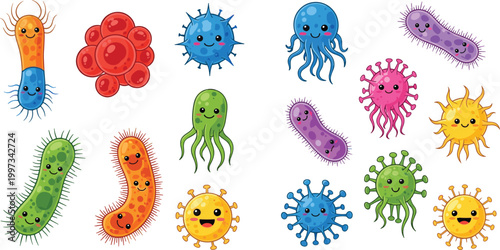Cute cartoon bacteria and viruses set with colorful microorganisms illustrating microbiology, germs, infection, healthcare education, and scientific vector illustration collection