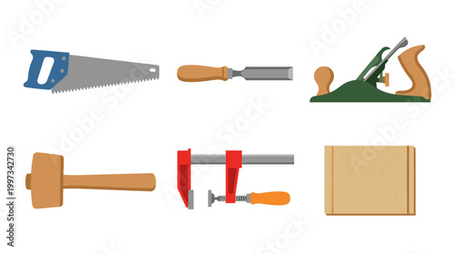 vector An assortment of traditional woodworking tools is displayed for craft, repair, and construction projects.
