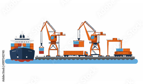 Cargo ship unloading at port vector containers to truck and train logistics flat illustration