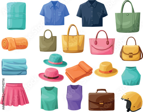 Colorful Clothing and Accessories Set Featuring T-Shirts, Bags, Hats, Scarves, and Helmets for Fashion, Apparel, and Lifestyle Design
