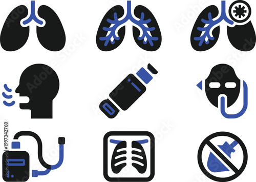 Respiratory Healthcare Solid Icon Set Featuring Lungs, Inhaler, Oxygen Mask and X‑Ray Editable Vector Illustration