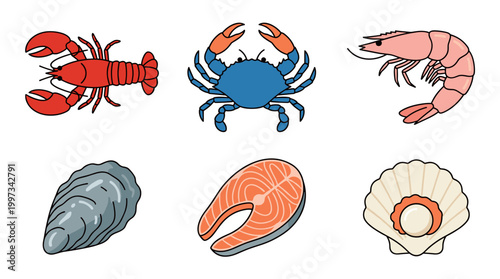 vector An exquisite selection of fresh seafood is presented for culinary and healthy eating themes.
