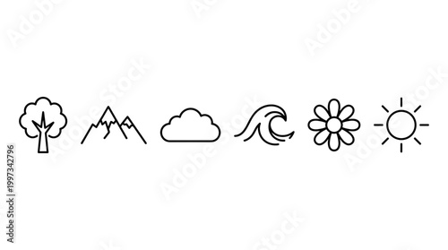 vector A simple set of outline icons represents various fundamental elements of natural environments.