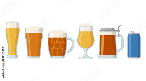 vector Several glasses and a can filled with golden beer are lined up against a stark white backdrop.