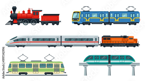 vector Different types of trains, including a steam engine, modern passenger train, and tram, are shown.