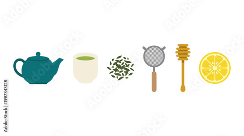 vector A complete set for brewing and enjoying hot tea, featuring a blue teapot, a full cup, loose leaves, a strainer, honey dipper, and lemon.