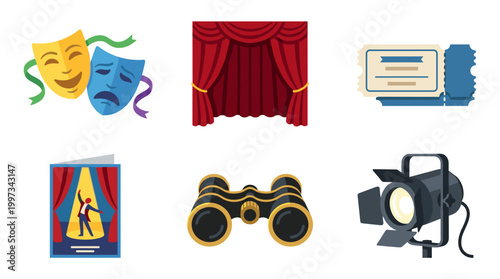 vector A comprehensive collection of theater and performing arts elements, including masks, curtains, tickets, programs, binoculars, and a spotlight.