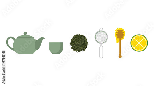vector A calming set of green tea preparation items including a teapot, cup, tea leaves, strainer, honey dipper, and lemon slice.