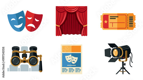 vector A curated selection of essential items for a theatrical experience, including masks, stage curtains, tickets, binoculars, and a spotlight.