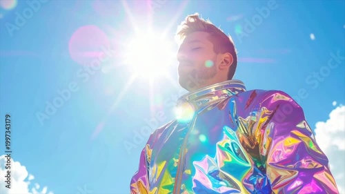 A man in a shiny jacket looks up at the bright sun in a blue sky