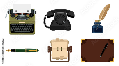 vector A charming assortment of vintage office and writing supplies, including a typewriter, black rotary phone, inkwell, fountain pen, and card index.