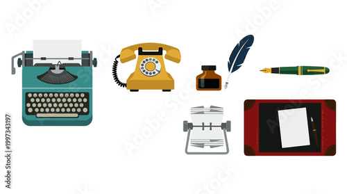 vector A comprehensive collection of vintage office and writing essentials, including a typewriter, yellow rotary phone, ink bottle, feather, and a pen.