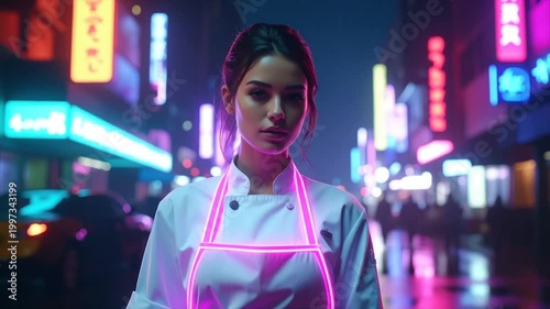 A female chef in a white uniform with neon apron poses in a futuristic city