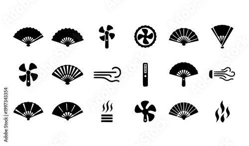 Hand fan silhouettes and heat symbols collection with airflow and summer icons vector