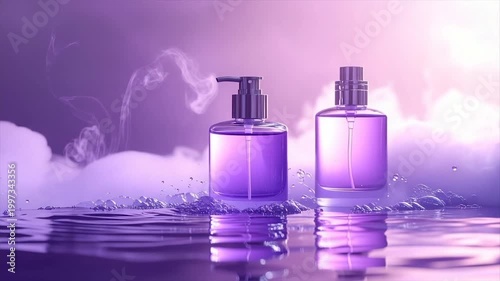 Two purple glass bottles with metallic accents sit amidst water, mist, and fluffy clouds