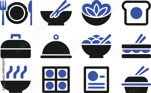 Restaurant and Food Service Solid Icon Set Featuring Plate, Chopsticks, Bowl, Stove and Menu Editable Vector Illustration