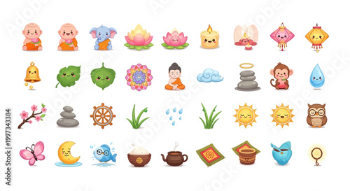 Cute Meditation & Zen Icons Set: Buddha, Animals, Nature, Spirituality