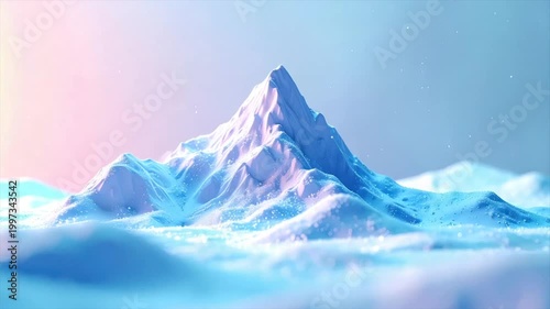 A majestic snow-covered mountain rises, bathed in soft pastel light with floating specks