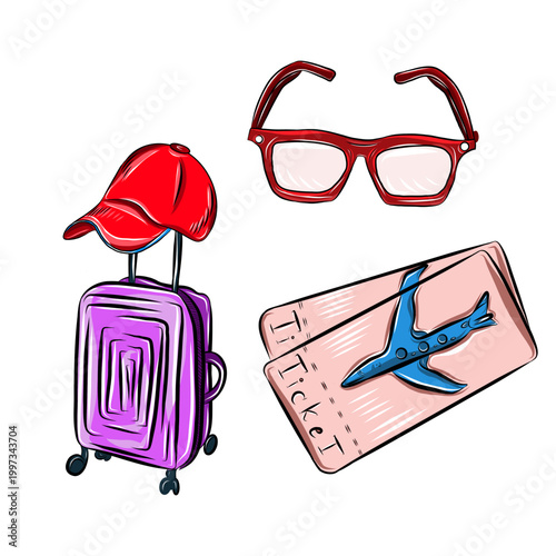 Vector color hand drawn set illustration, summer vacation accessories, black line art on white background