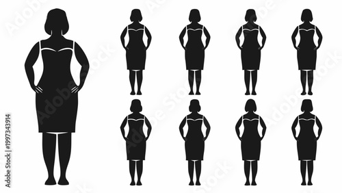A diverse collection of female body shape silhouettes showcasing various weight stages and forms, ideal for representing body positivity, health journeys, or clothing design discussions.