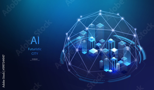 Futuristic ai virtual smart city with wireframe sphere background. Future urban architecture neon light buildings vector. Technology city connect concept. Digital high tech protect city design banner.