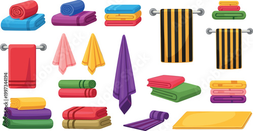 Colorful Towel Set with Rolled, Folded, and Hanging Towels in Various Sizes and Colors for Bath, Household, and Bathroom Organization