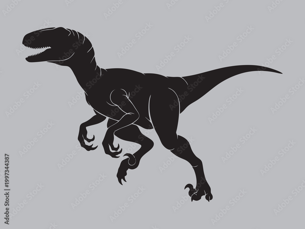 Fototapeta premium Black Silhouette of a Velociraptor Dinosaur on Grey Background