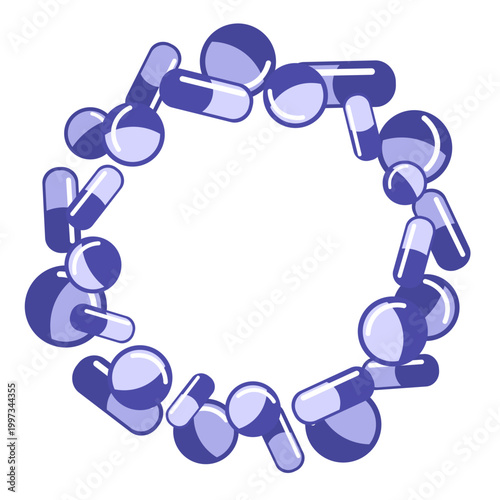 Circular frame of blue medical capsules and round tablets. Pharmaceutical wreath. For pharmacy branding, medical advertisements, and healthcare graphic designs.